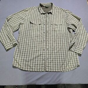Köppen Button Down Shirt Men XL Olive Green Plaid No Fly Zone Hiking Long Sleeve